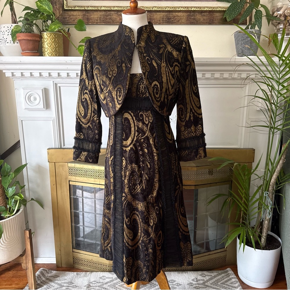 Badgley Mischka Black / Gold Metallic Brocade Jacket and Dress Two-Piece Set